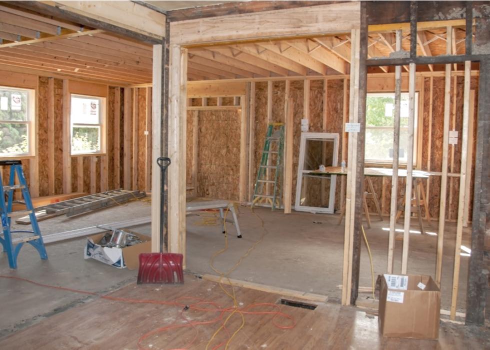 A new construction addition being added to an old home