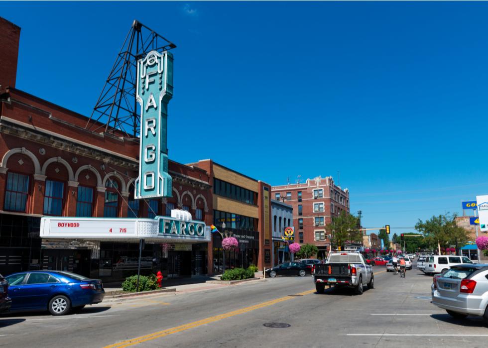 Cars parked outside the Fargo Theater in Fargo, North Dakota