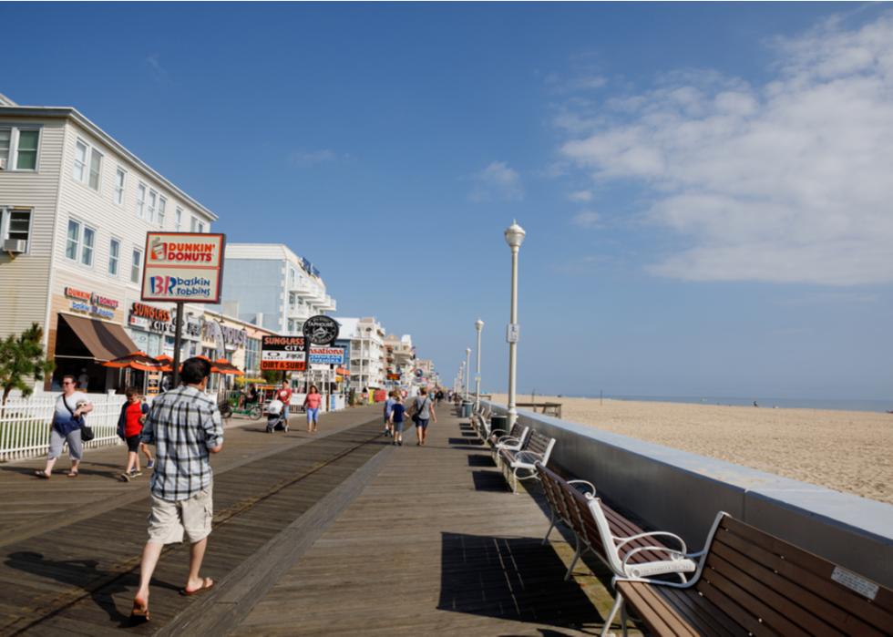 Pedestrians strolling on a boardwalk in Ocean City, Maryland