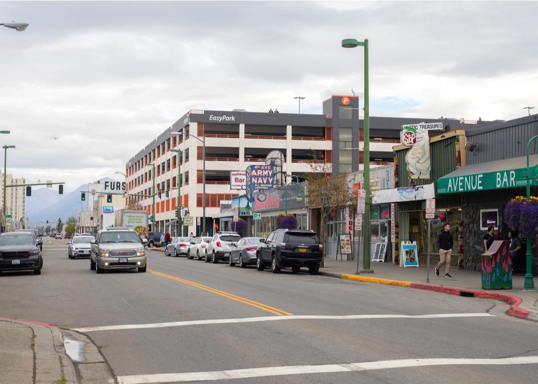 Downtown traffic in Anchorage, Alaska, as seen on a cloudy day in the summer of 2019.