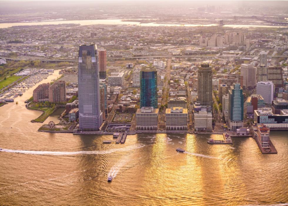 An aerial view of Jersey City at sunset