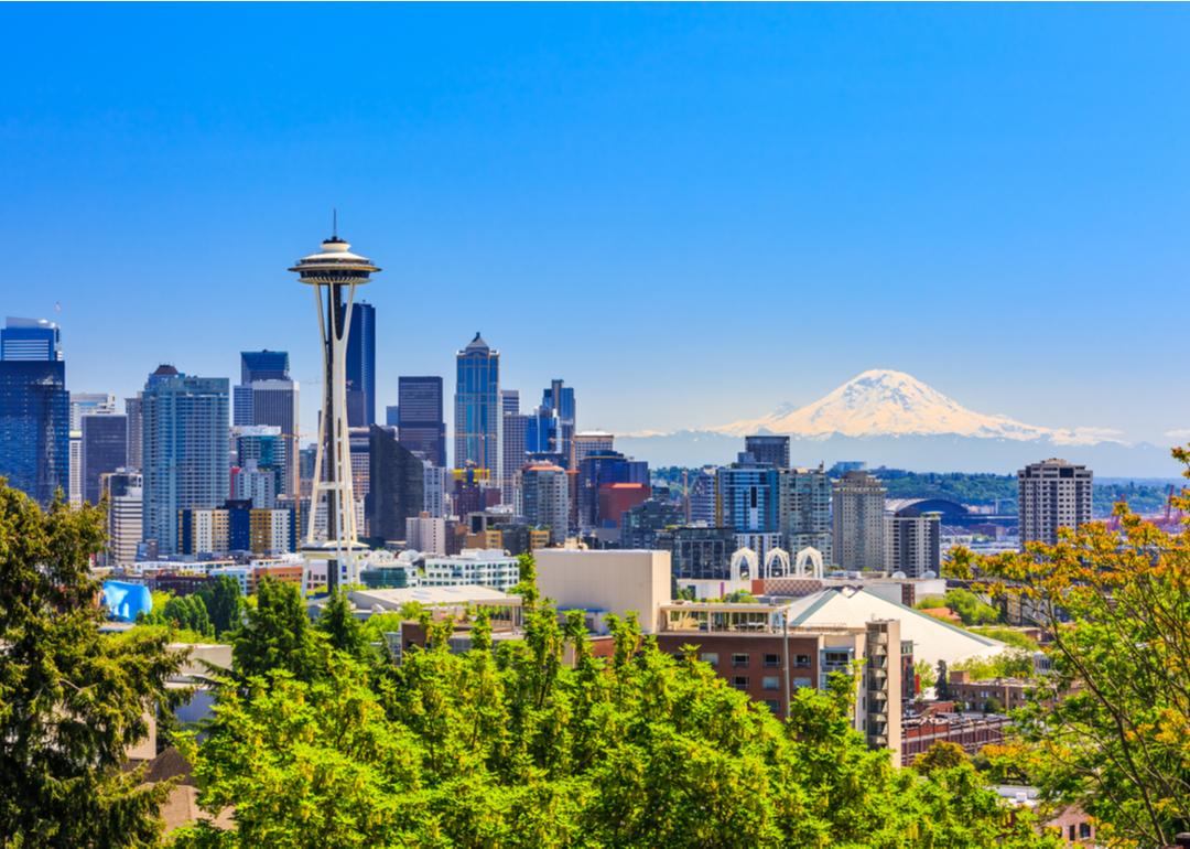 The downtown Seattle skyline and Mount Rainier.
