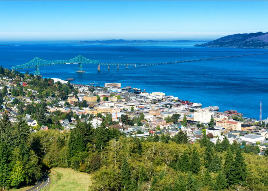 Astoria, Oregon, overlooking the Astoria Megler Bridge as it crosses the Columbia River.