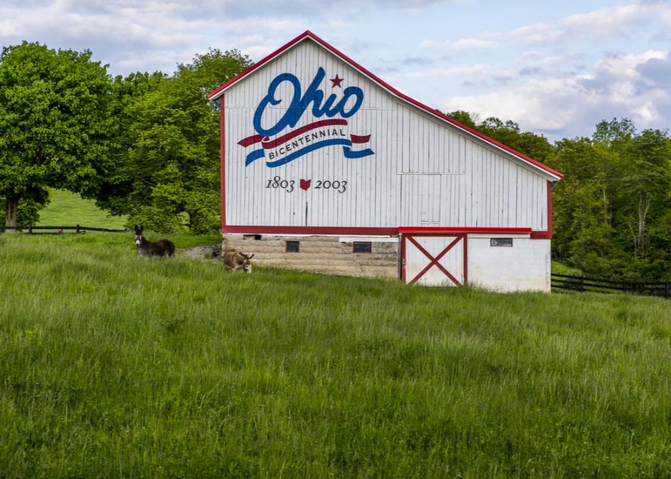 The red, white, and blue Bicentennial Barn in Vinton County, Ohio 