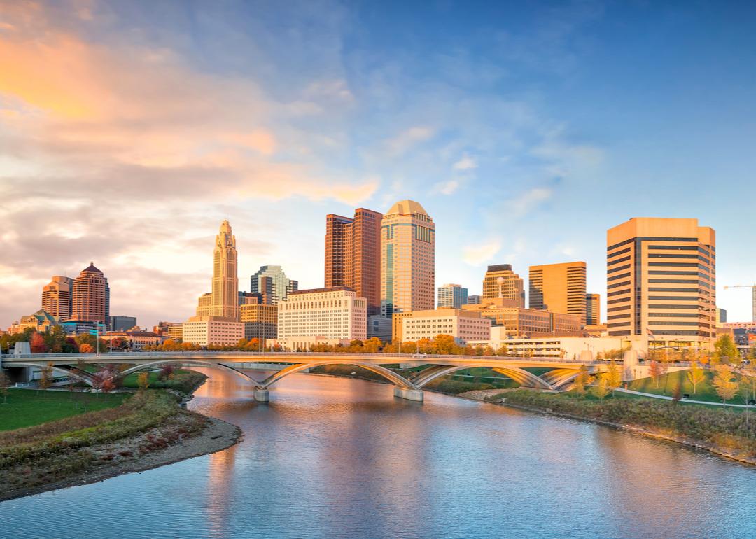 The downtown Columbus, Ohio, skyline at sunset.