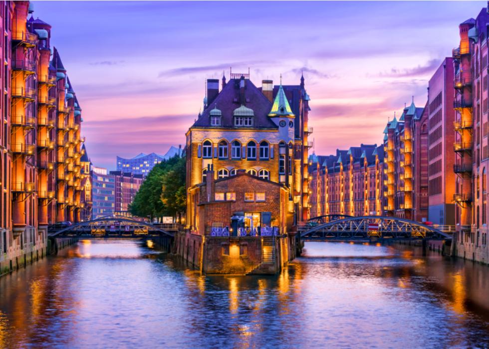The Warehouse District (Speicherstadt) in Hamburg, Germany, at dusk