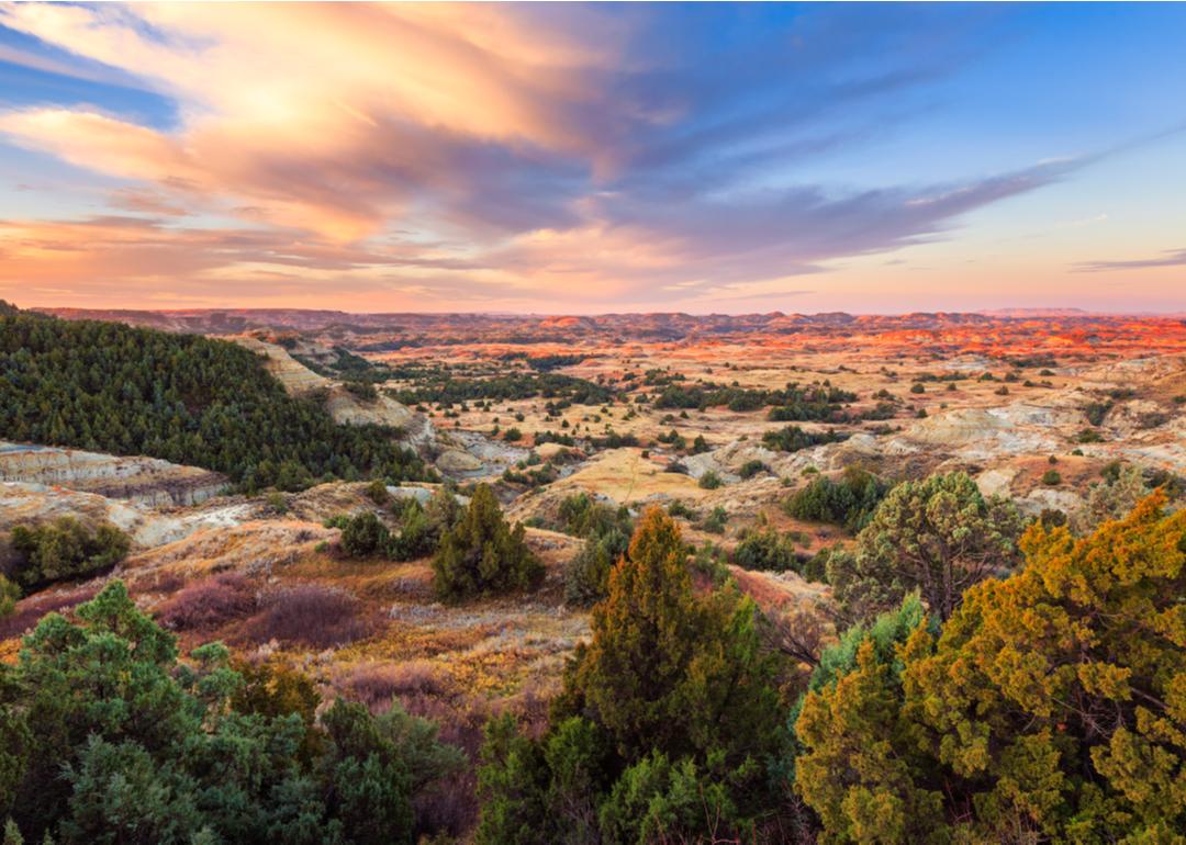 Th sunrise over Theodore Roosevelt National Park in North Dakota.