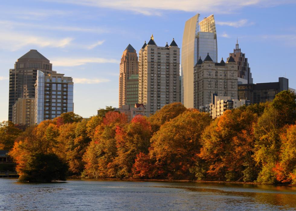 A view of Atlanta's skyline from Lake Meer in Piedmont Park