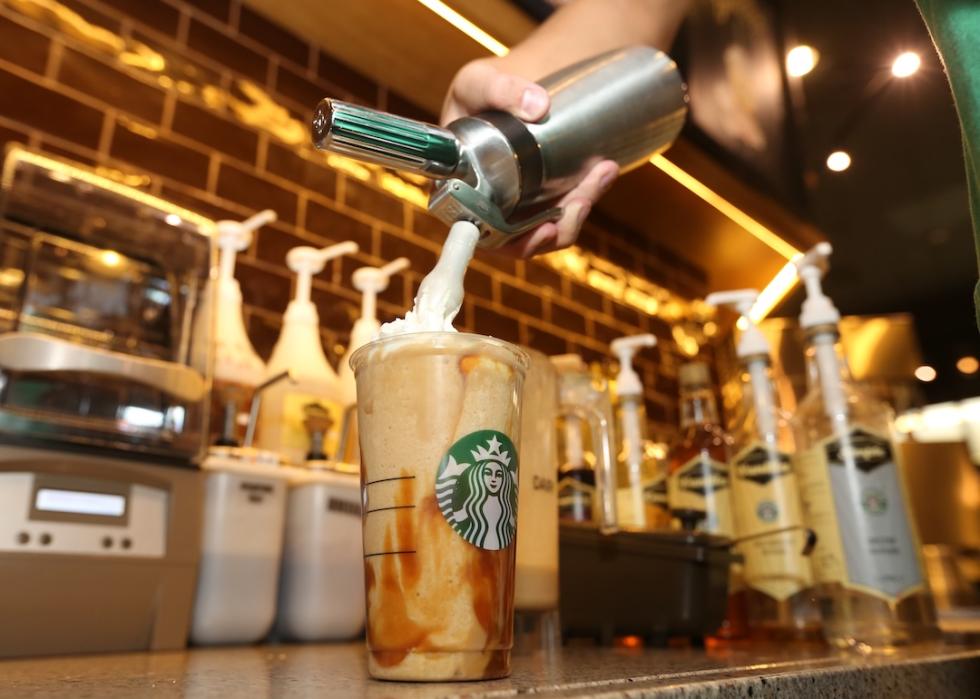 Barista adding whipped cream to Starbucks drink.