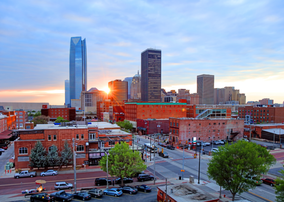 The Oklahoma City skyline at sunset.