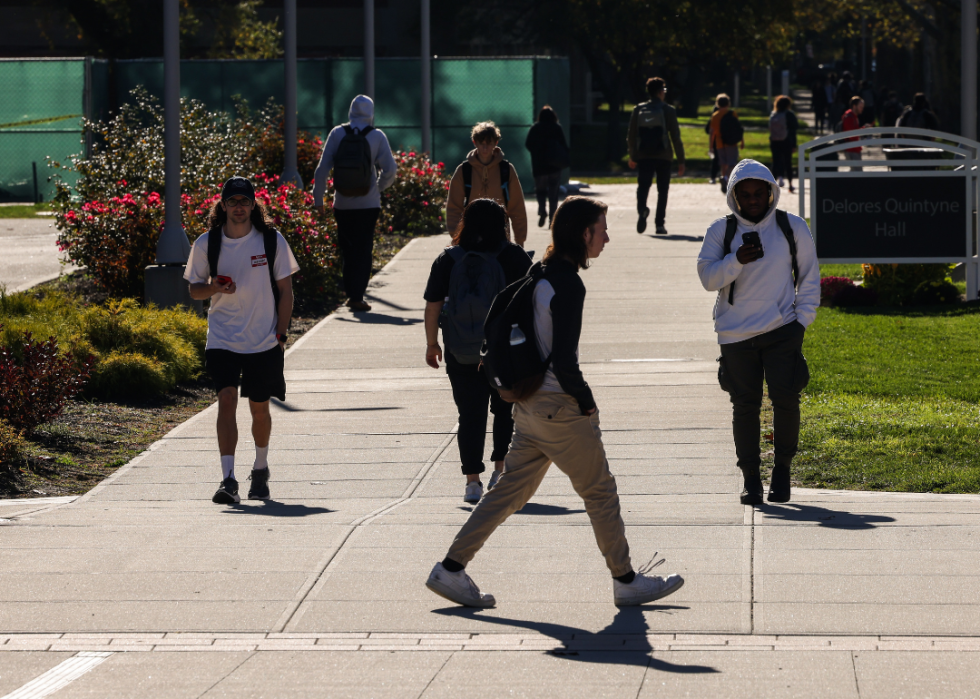 Students walking on campus at Farmingdale State College.