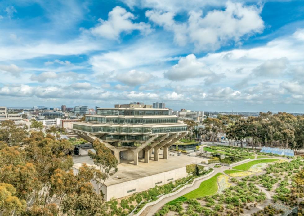 An abstract stone and glass library at UCSD.