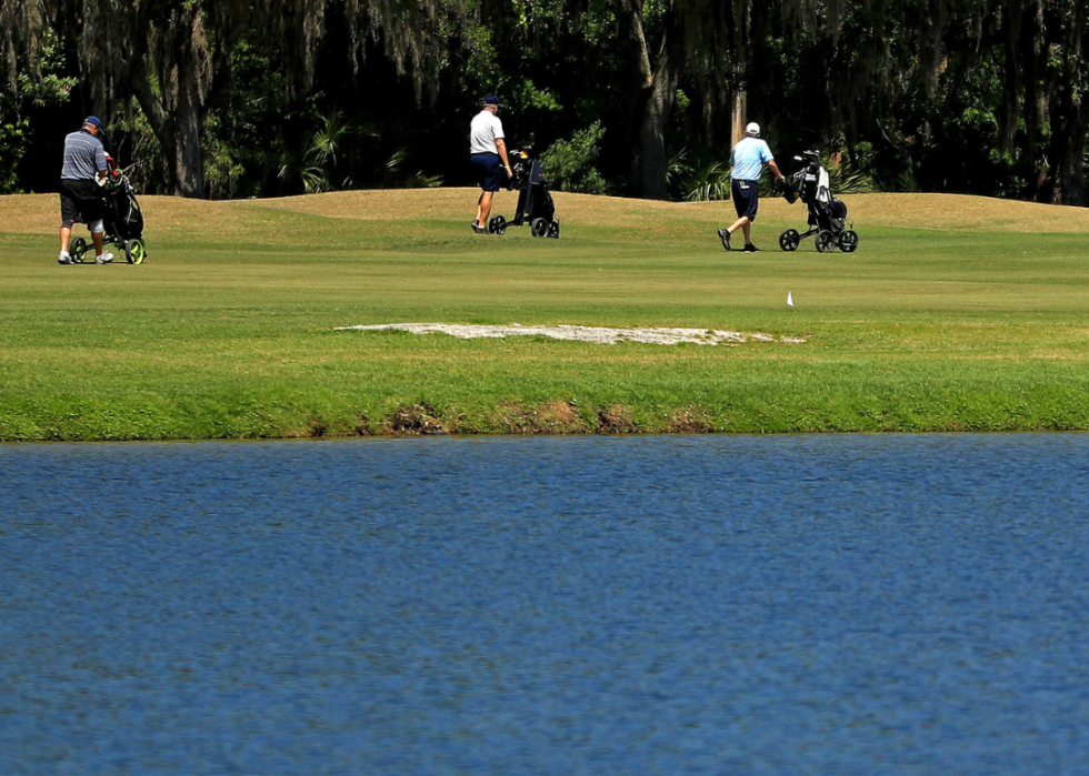 Golfers walking across the course.