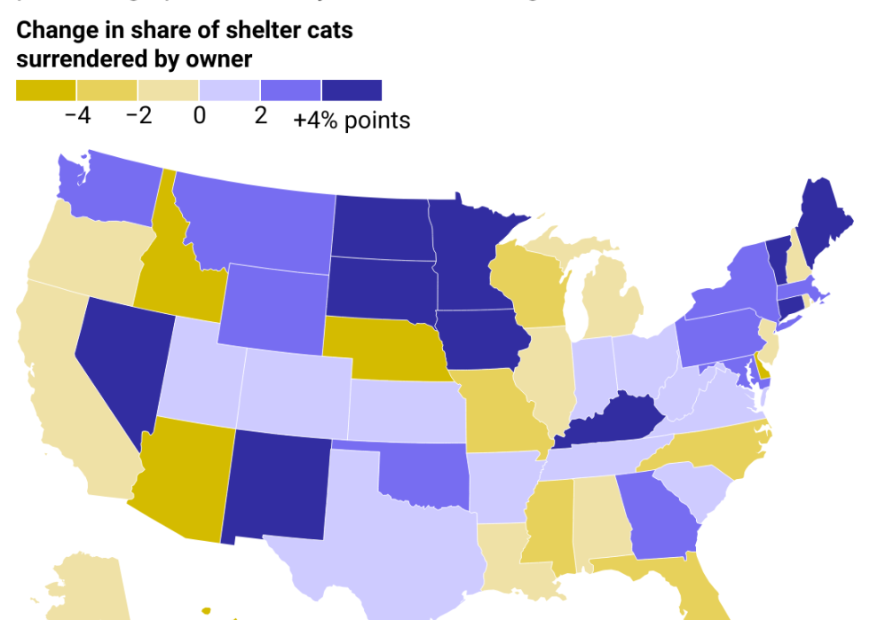 A map of the United States showing the percentage point change of cat surrenders by state from 2021 to 2023.