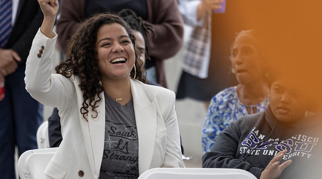 Sade Elhawary, left, cheers during her campaign kickoff for 2024 for California Assembly District 57