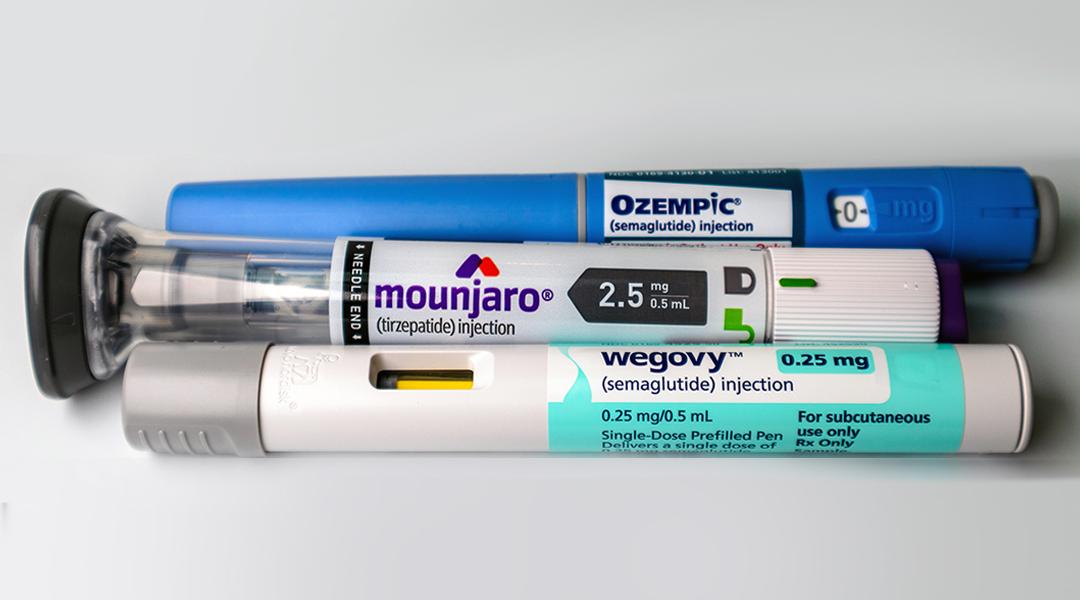 Mounjaro, Ozempic and Wegovy pens on a white background.