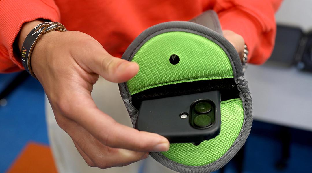 A Yondr pouch which holds and locks smartphones.