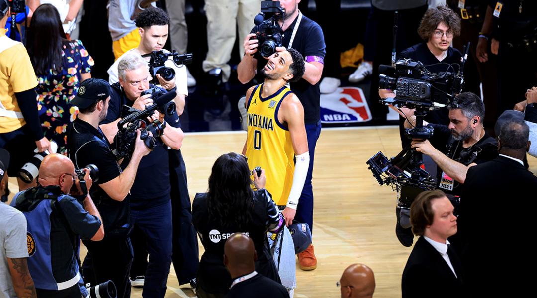 Tyrese Haliburton of the Indiana Pacers smiling after winning in Game Six of the Eastern Conference Finals of the 2025 NBA Playoffs.