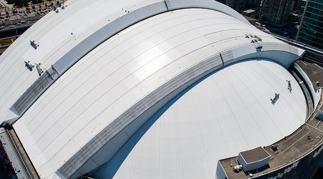 Workers install a new roof on the Rogers Centre, home of the Toronto Blue Jays baseball team.