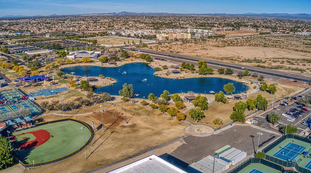 Aerial view of the Phoenix suburbs in Surprise, Arizona.