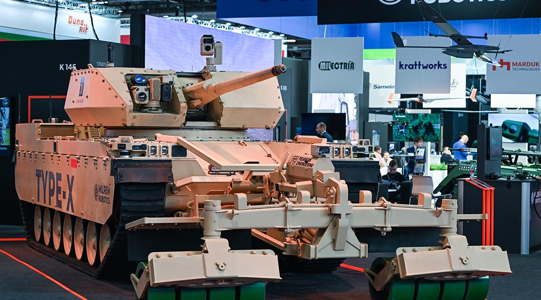Type-X Robotic Combat Vehicle configured for mine and route clearance by Milrem Robotics, at the Eurosatory Defense and Security expo, on June 21, 2024 in France.