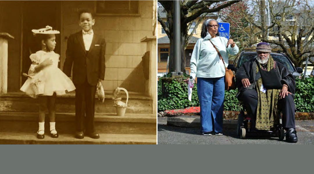 Elizabeth Fouther-Branch and Bobby Fouther stand in front of their great-aunt’s house in 1956 (left) and in a parking lot near where the house used to stand in 2020 (right).