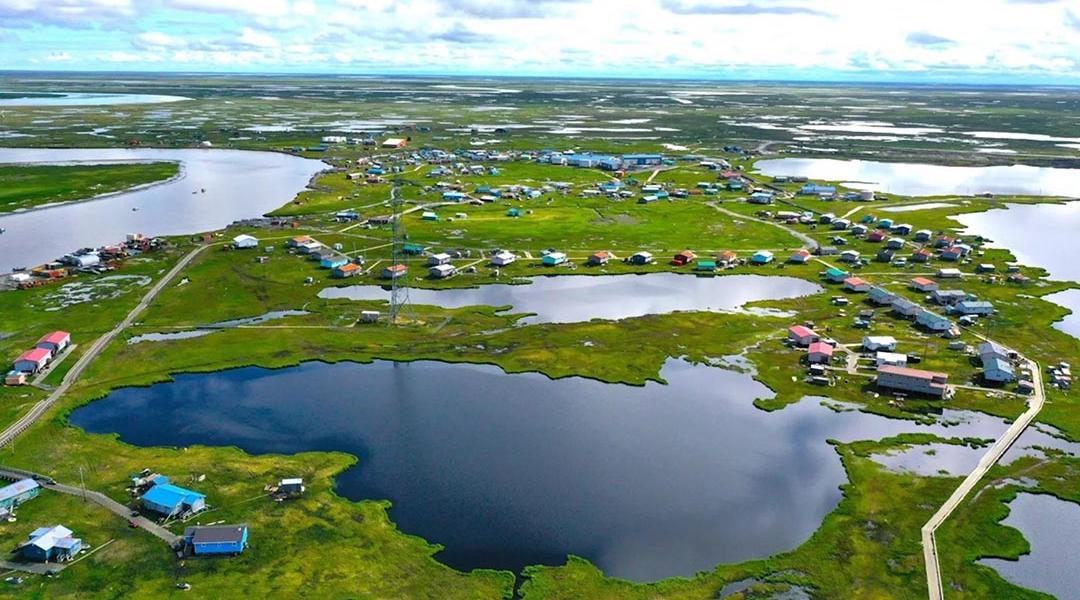 Aerial view of Kipnuk and surrounding bodies of water.