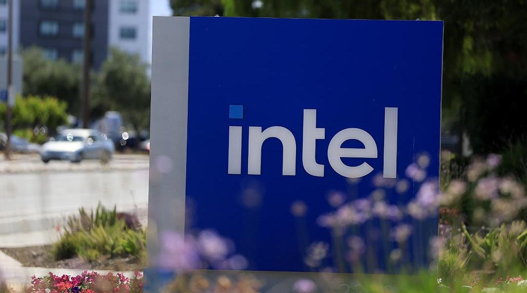 The blue Intel logo is displayed on a sign in front of Intel headquarters on July 16, 2025 in Santa Clara, California.