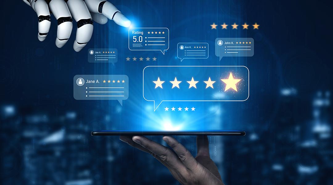 Customer review and rating system illustrated with AI concepts.
