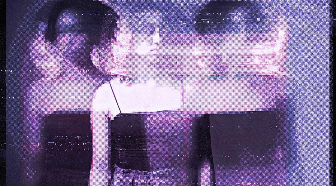 A custom graphic of a young woman illustrated with purple glitching effects.