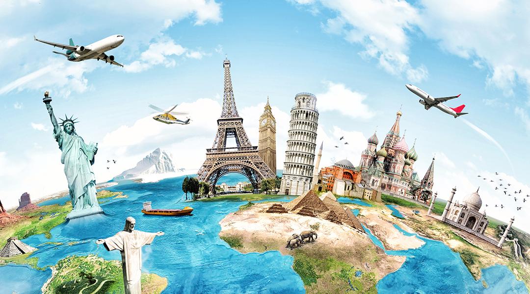 Illustration of the globe with the top tourist spots as a concept of traveling around the world.