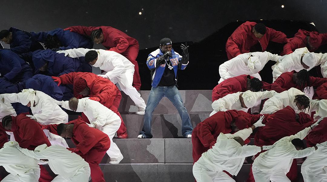 Kendrick Lamar on stage during his Super Bowl LIX Halftime Show.