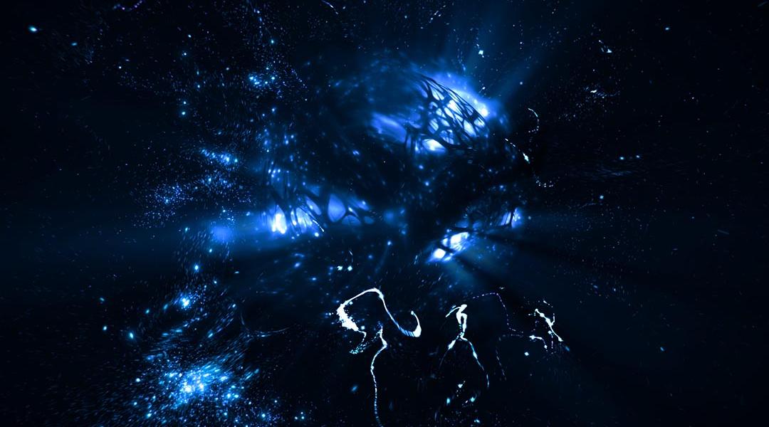 Concept 3D illustration for Elementary particle core of rotating sub atomic quantum matter with orbiting neutrinos. 