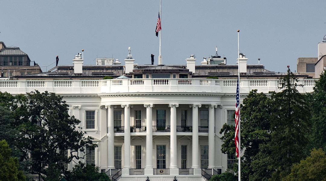 The US flag atop the White House lowered to half-staff after political activist Charlie Kirk had died on September 10, 2025 in Washington, D.C.