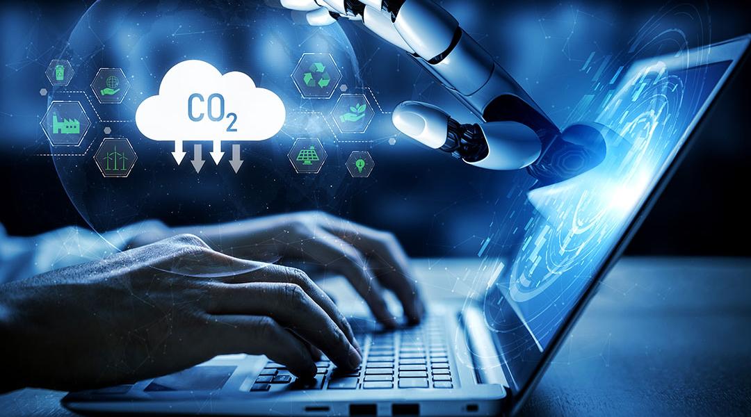 An illustration depicting someone working on computer and using energy resources with AI, with icons symbolizing carbon footprint superimposed. 