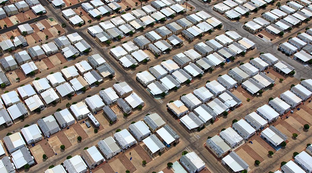 Aerial view of mobile home park in the Arizona desert.
