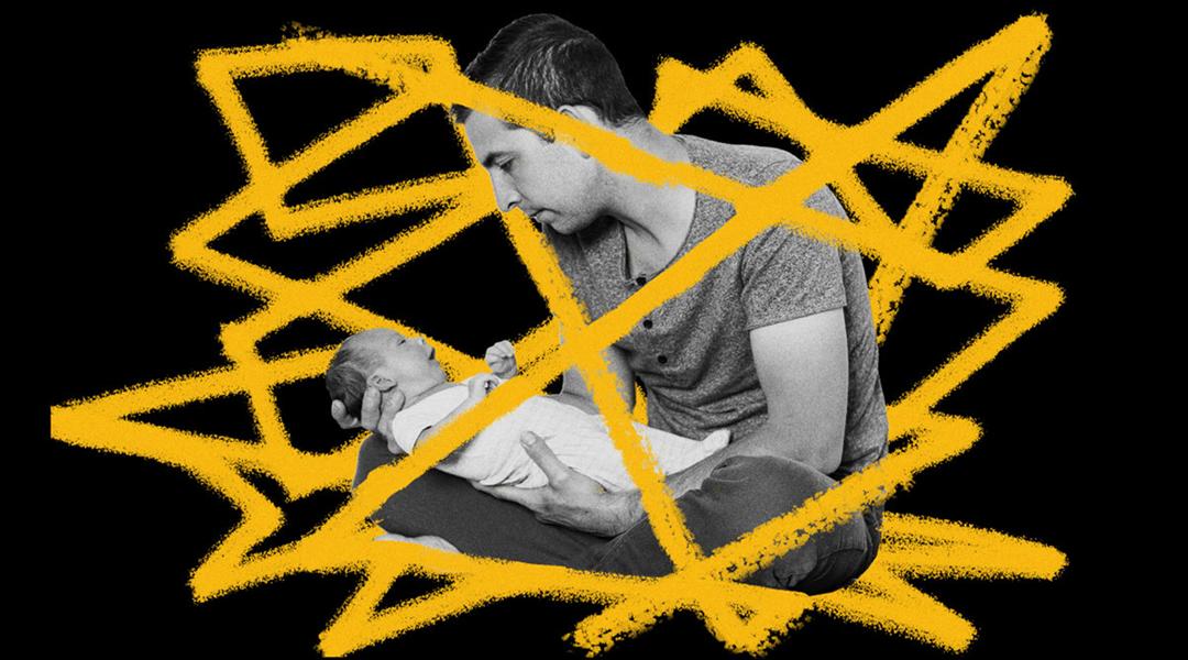 A custom graphic of a father holding his newborn baby illustrated with tangled lines.