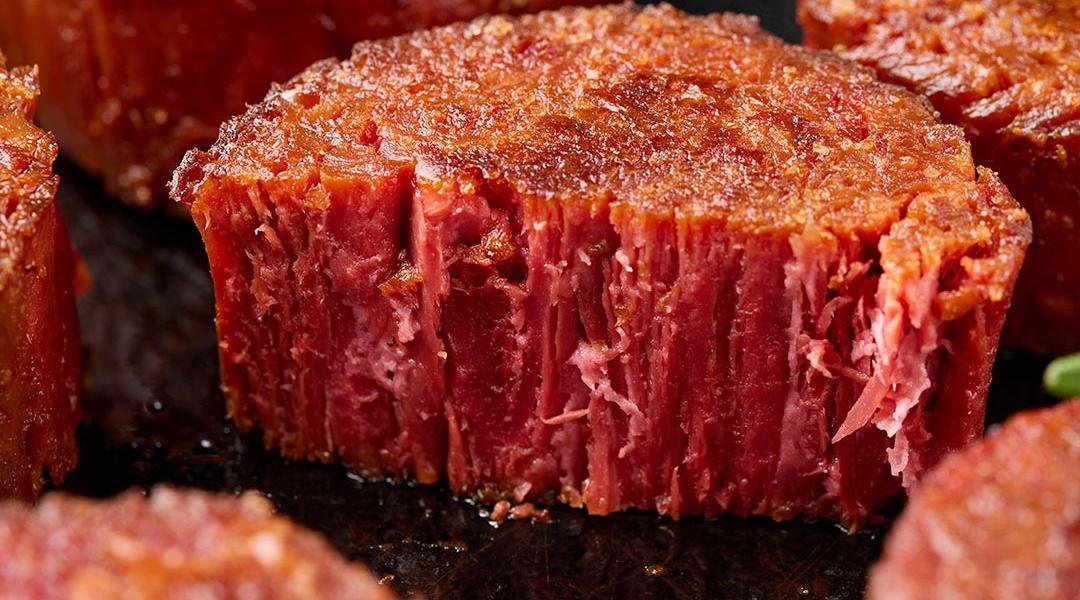 Pan grilled, plant-based vegan meat steak with herbs. 