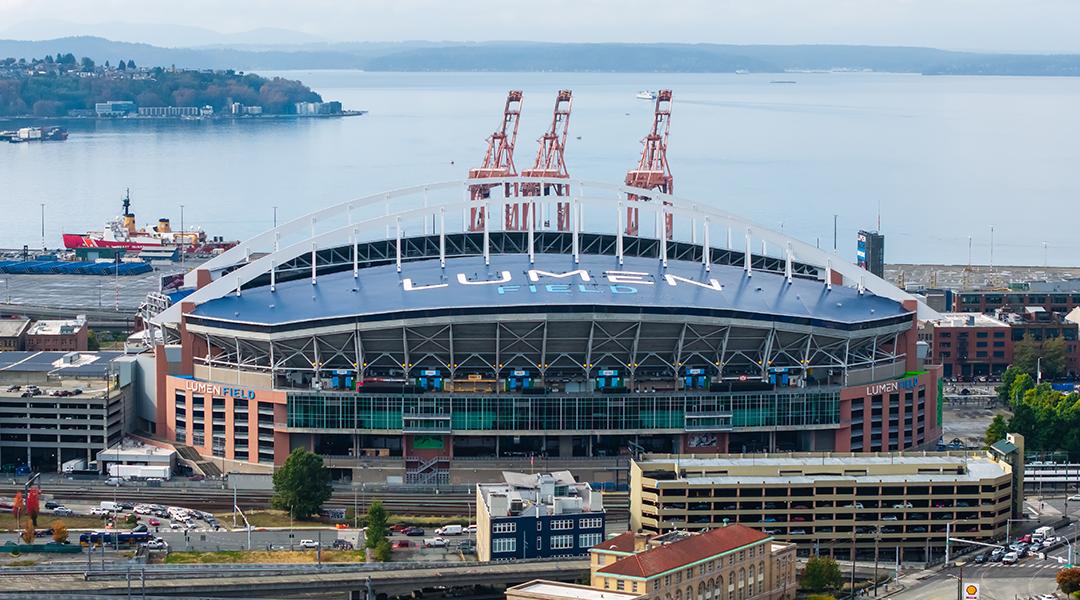Aerial view of Lumen Field Stadium in Seattle, Washington.