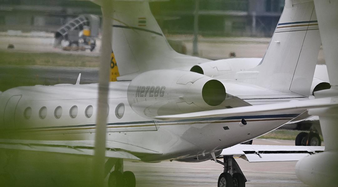 A view from behind of Tesla CEO, Elon Musk's private plane preparing to take off at Beijing Capital International Airport in China.