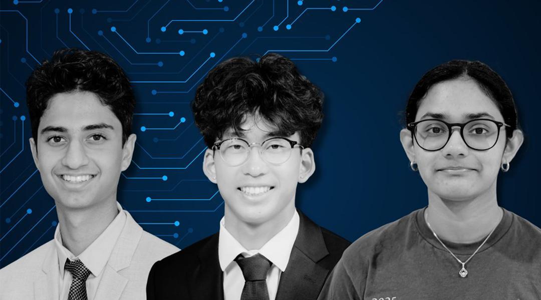 From L-R: Arnav Hingorani, a junior from Desert Mountain High School in Arizona. Ian Son, a senior at Redondo Union High School in California. Neha Palla, a senior at Paul Laurence Dunbar High School in Kentucky, spoke about generative artificial intelligence.