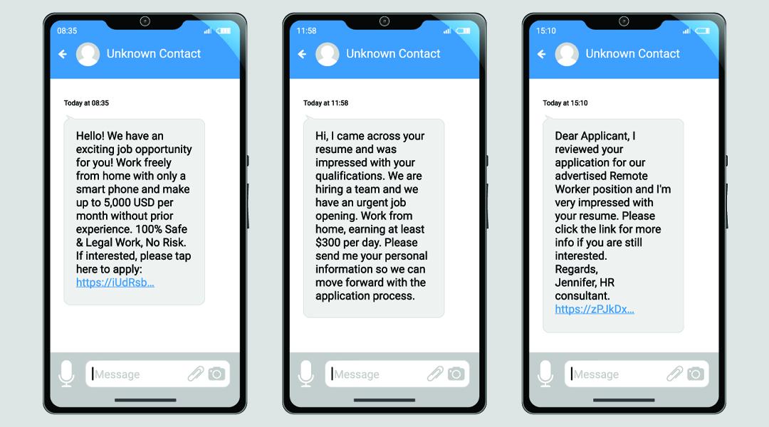 Three examples of scam job offer text messages from an unknown contact.