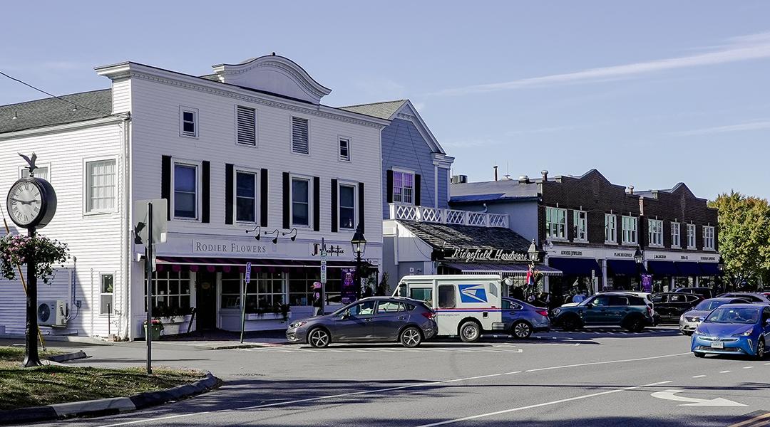A view of a street in Ridgefield, Connecticut.