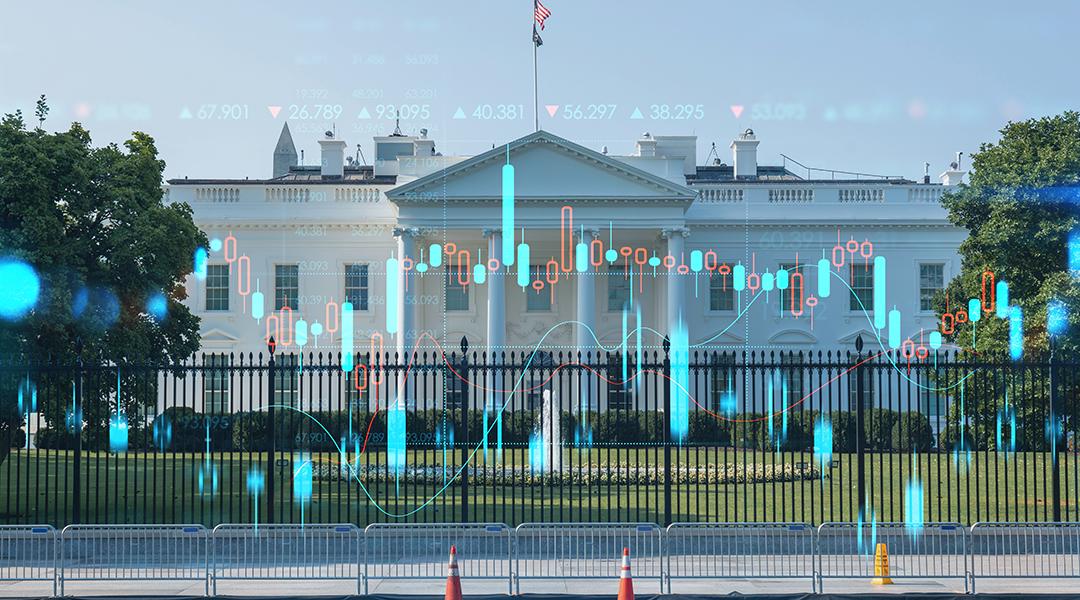 The White House illustrated with trading graphics.