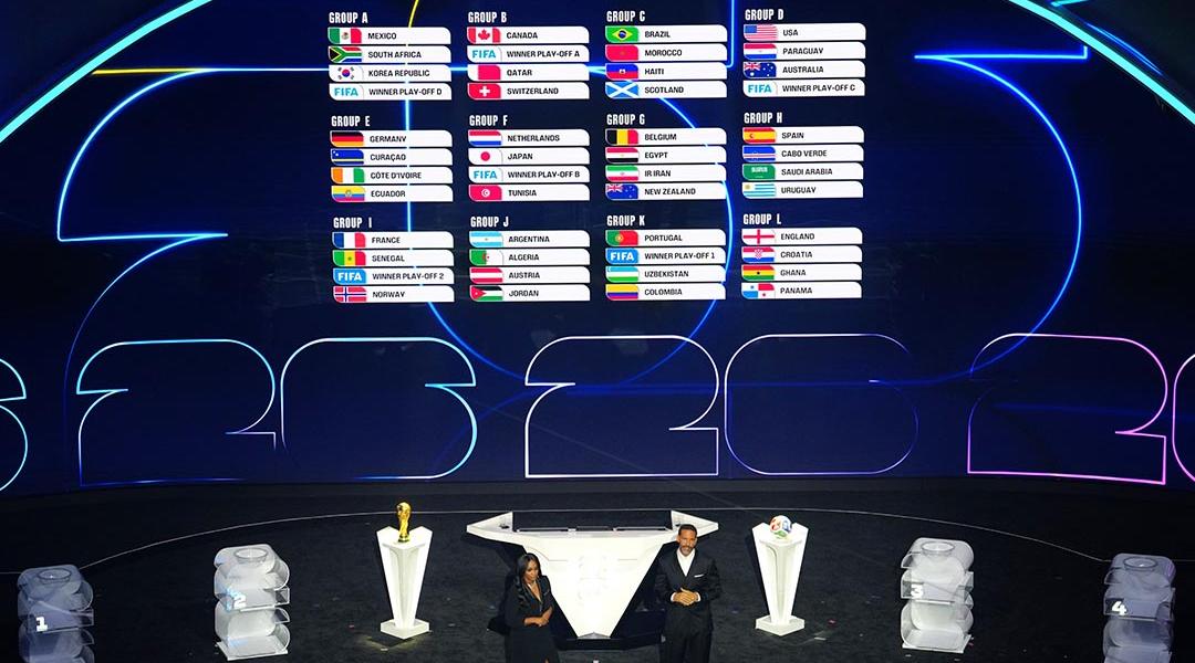 View of stage where the FIFA world cup draw was done, the results are projected showing countries and flags in each group.
