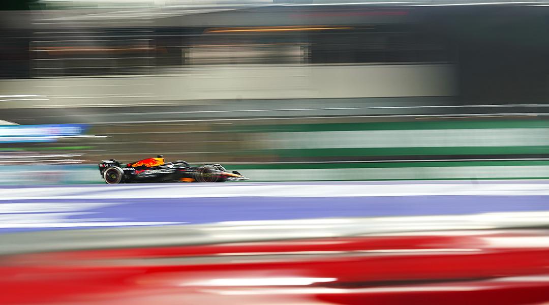Red Bull's Dutch driver Max Verstappen in motion as he competes during the race of the 2025 Formula One U.S. Grand Prix in Las Vegas.