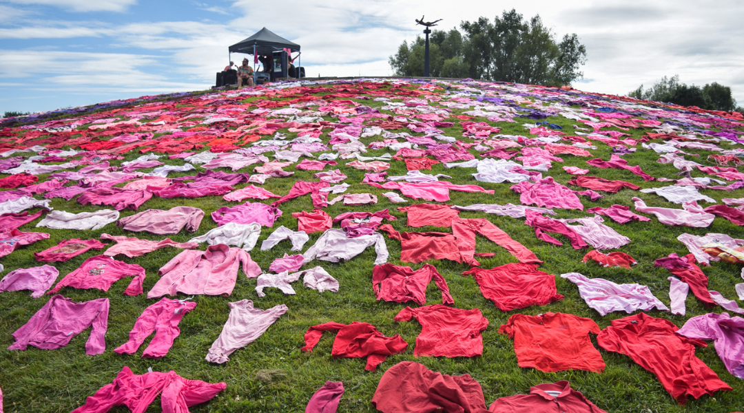 The XR Guerrilla Fashion's protest in Utrecht's Griftpark showcased a 7,000-garment installation by Pet van de Luijtgaarden. Red and pink clothing is laid out on a grassy field with a small tent of a few people in the distance.