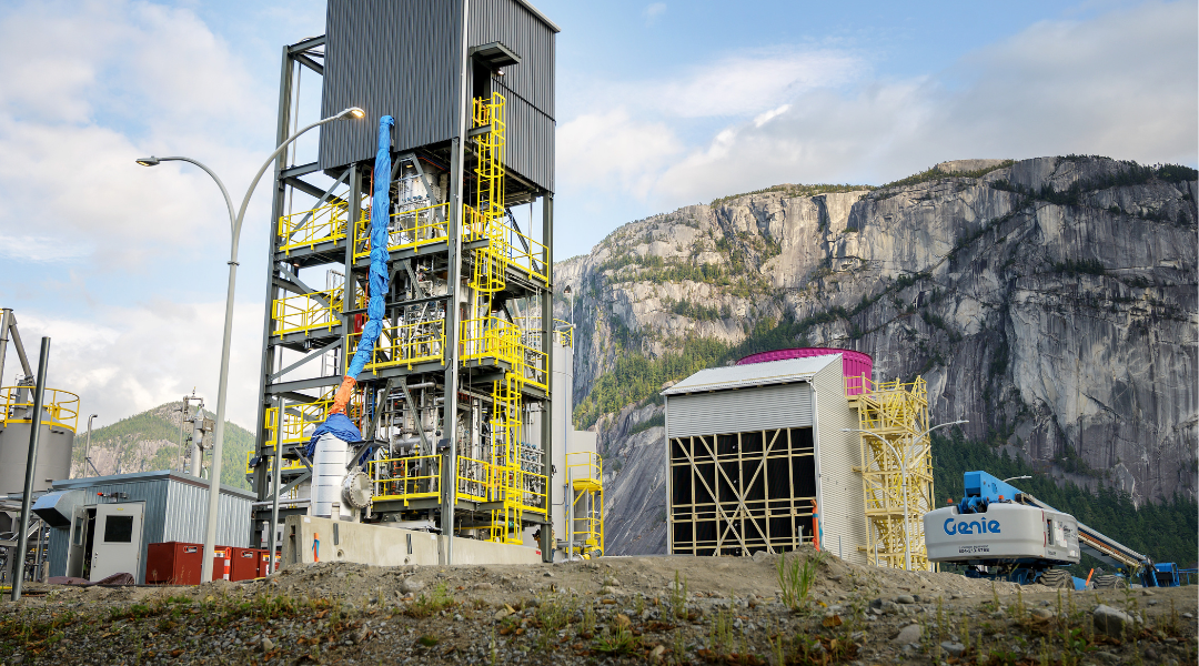 The Carbon Engineering Direct Air Capture carbon capture plant with the Squamish Chief mountain in the background in British Columbia, Canada.